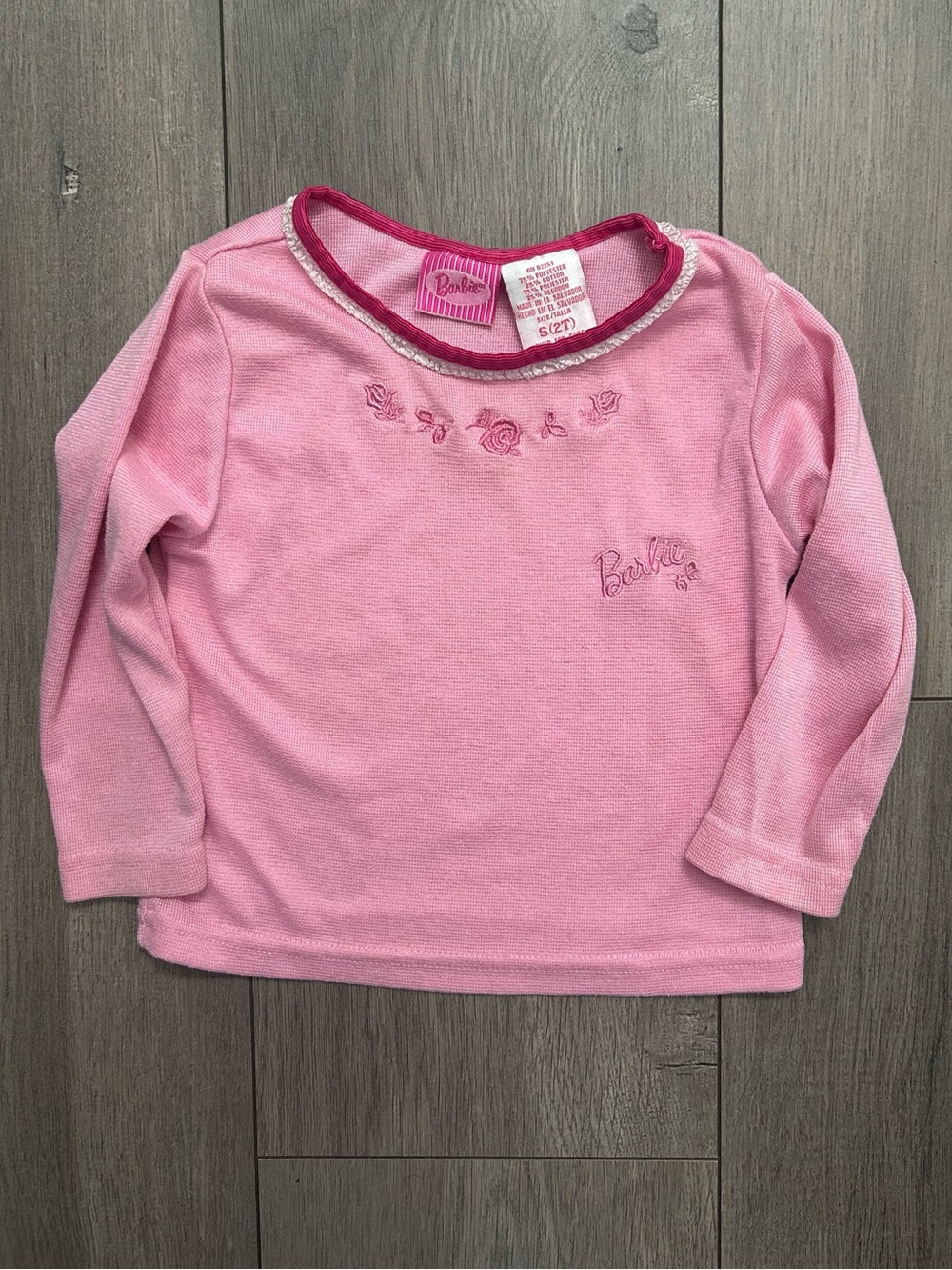 Barbie Pink Long Sleeve Top with Rose Embroidery